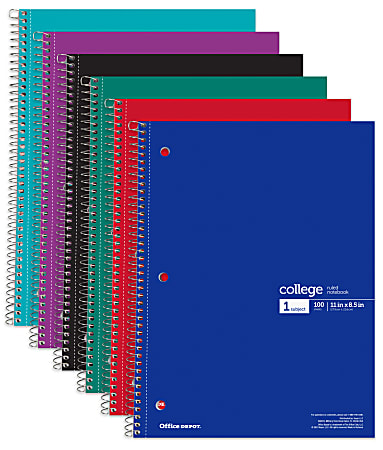 Office Depot® Wirebound Notebooks, 8 1/2" x 11", 1 Subject, College Ruled, 100 Sheets, Assorted Colors, Pack Of 6 Notebooks