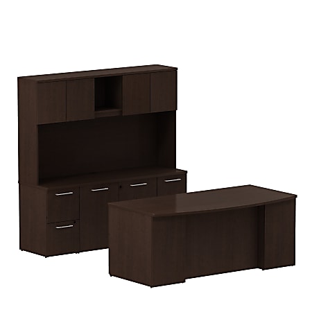 Bush Business Furniture 300 Series 72"W x 36"D Bow Front Office Desk With Storage Credenza And Hutch, Mocha Cherry, Standard Delivery