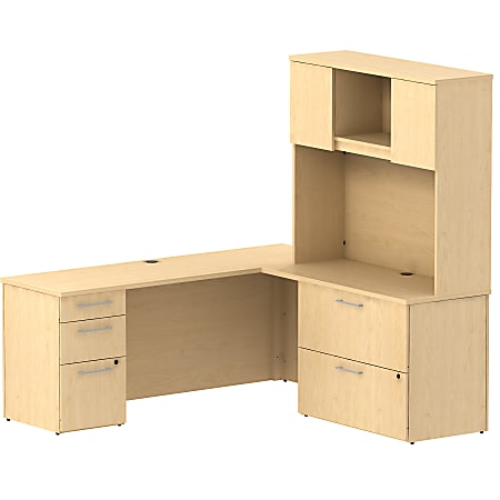 Bush Business Furniture 300 Series L Shaped Desk With 3 Drawer Pedestal And 2 Drawer Lateral File Cabinet With 48"W Hutch, Natural Maple, Standard Delivery