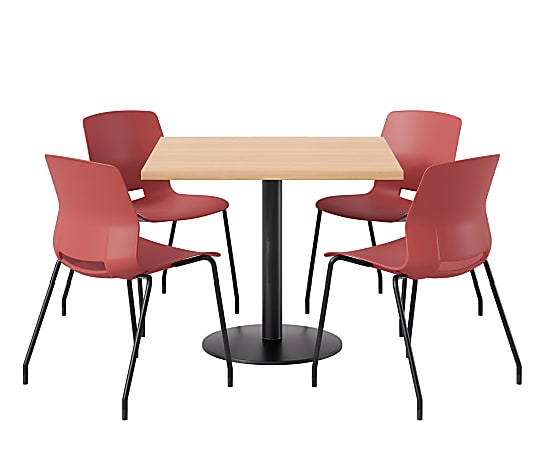 KFI Studios Proof Cafe Pedestal Table With Imme Chairs, Square, 29”H x 42”W x 42”W, Maple Top/Black Base/Coral Chairs