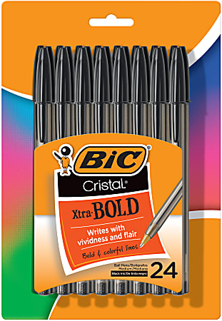 BIC® Cristal® Xtra Bold Stic Ballpoint Pens, 1.6 mm, Clear Black Barrel, Black Ink, Pack Of 24 Pens