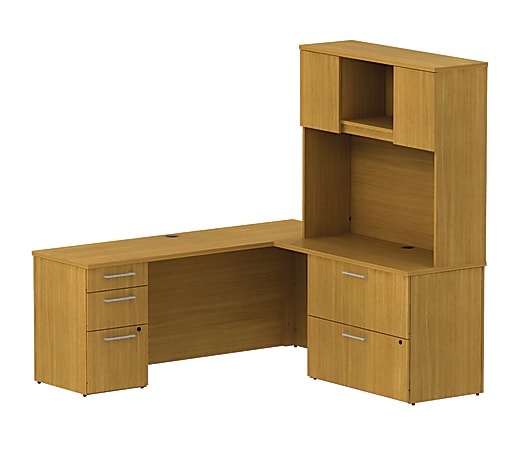 BBF 300 Series L-Shaped Single Pedestal Desk, 72 3/10"H x 71 1/10"W x 69 2/5"D, Modern Cherry, Premium Installation Service