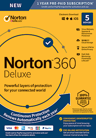 Norton™ 360 Deluxe, For 5 Devices, 1-Year Subscription, Product Key