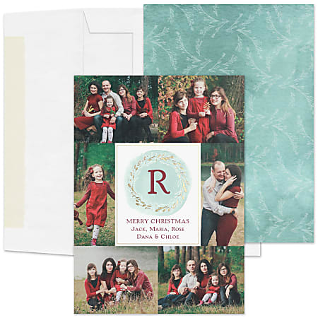 Custom Embellished Photo Holiday Cards And Envelopes, 5" x 7", Watercolor Initial, Box Of 25 Cards