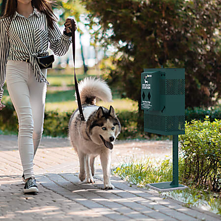 Flash Furniture Kessler Compact Dog Waste Station With Rectangular Lidded Trash Can And Locking Waste Bag Dispenser, 10 Gallons, 39”H x 14-1/4”W x 15-3/4”D, Green