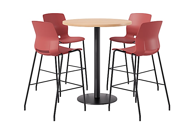KFI Studios Proof Bistro Round Pedestal Table With Imme Barstools, 4 Barstools, Maple/Black/Coral Stools