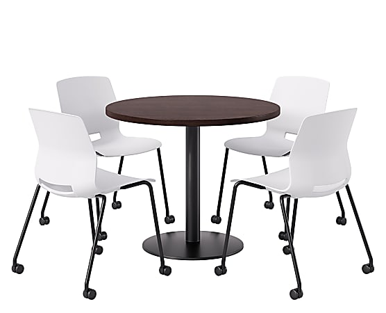 KFI Studios Proof Cafe Round Pedestal Table With Imme Caster Chairs, Includes 4 Chairs, 29”H x 36”W x 36”D, Cafelle Top/Black Base/White Chairs