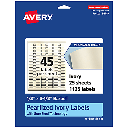 Avery® Pearlized Permanent Labels With Sure Feed®, 94749-PIP25, Barbell, 1/2" x 2-1/2", Ivory, Pack Of 1,125 Labels