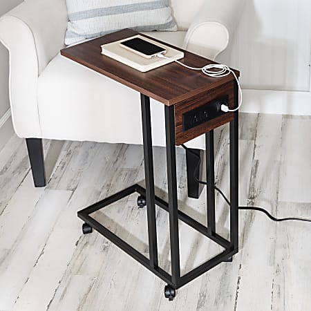 Honey Can Do C-Shaped Side Table With Outlets And Wheels, 25”H x 10”W x 20”, Walnut/Black