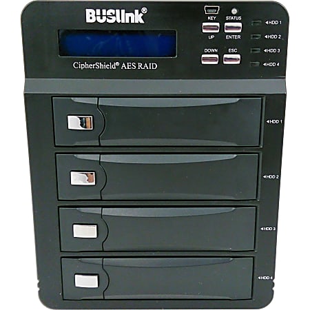 Buslink CipherShield FIPS 140-2 4-bay USB 3.0 eSATA AES 256-bit Encrypted External Drive - 4 x HDD Supported - 4 x HDD Installed - 20 TB Installed HDD Capacity - RAID Supported 0, 3, 5, 10, LARGE, 3, 5, 10, LARGE - 4 x Total Bays - 4 x 3.5" Bay