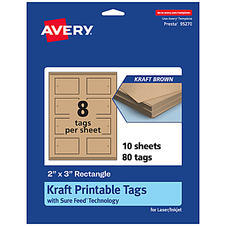 Avery® Printable Tags With Sure Feed® Technology, 95270-KMT10, Rectangle, 2" x 3", Kraft Brown, Pack Of 80