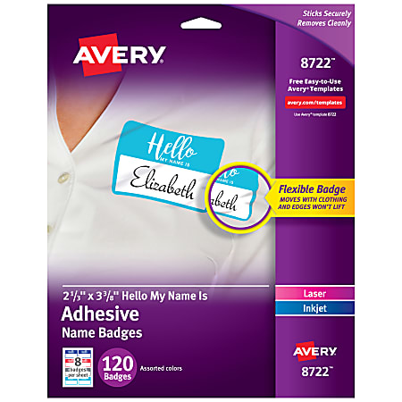 Avery® Adhesive Name Badges, Hello My Name Is, 2 1/3" x 3 3/8", 8722,  Assorted Colors, Pack Of 120 Badges