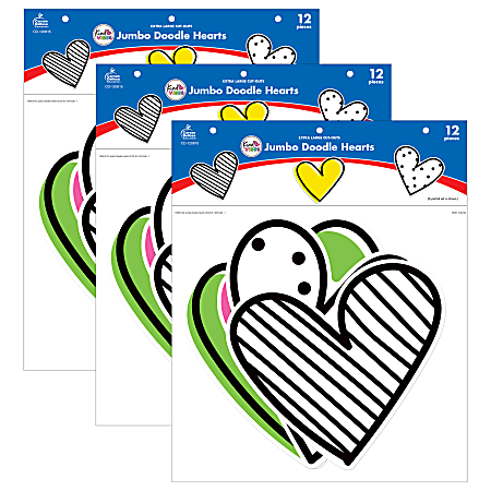 Carson Dellosa Education Cut-Outs, Kind Vibes Jumbo Doodle Hearts, 12 Cut-Outs Per Pack, Set Of 3 Packs
