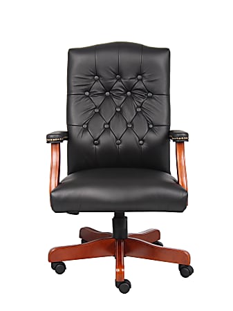 Boss Office Products Traditional High-Back Executive Chair, 47"H x 27"W x 28"D, Mahogany/Black Leather