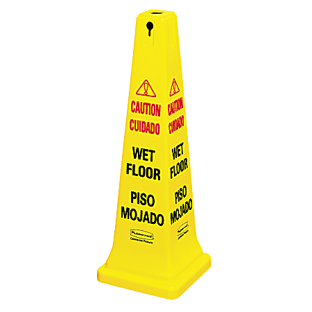 Rubbermaid Commercial Four-Sided Caution, Wet Floor Yellow Safety Cone, 12-1/4 x 12-1/4 x 36h