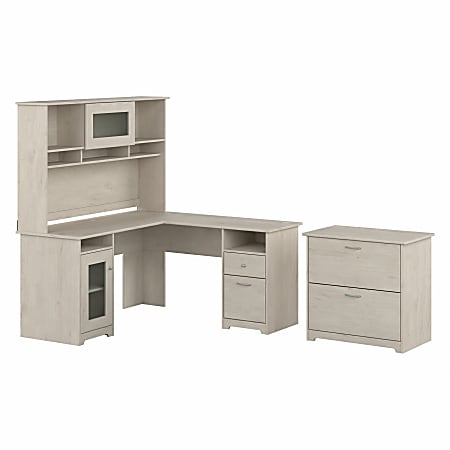 Bush Furniture Cabot 60"W L-Shaped Computer Desk With Hutch And Lateral File Cabinet, Linen White Oak, Standard Delivery
