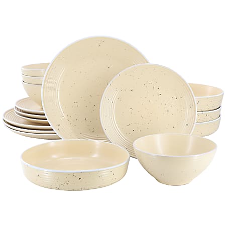 Elama Emilia 16-Piece Assorted Double Bowl Stoneware Dinnerware Set, Cream Yellow