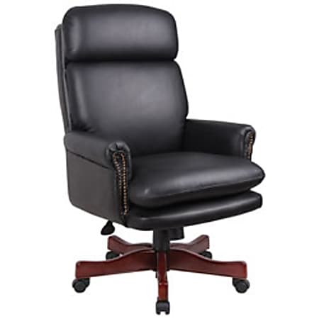 Boss Office Products Traditional High-Back Executive Chair, 45 1/2"H x 27 1/2"W x 30"D, Mahogany/Black Leather
