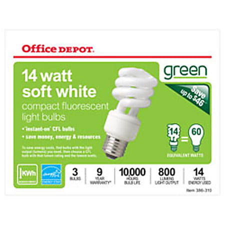 Office Depot® Brand Compact Fluorescent Light Bulbs, 14 Watts, Pack Of 3