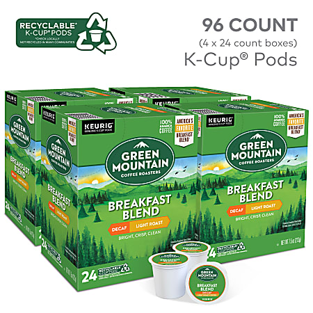 Green Mountain Coffee Single Serve Coffee K Cup Decaffeinated Breakfast Blend Carton Of 96 4 x 24 Per Box Office Depot