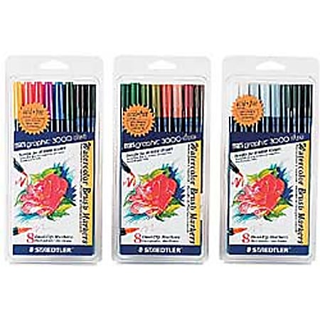 Staedtler® Mars® Graphic 3000 Duo Watercolor Brush Markers, Assorted Bright Colors, Pack Of 8