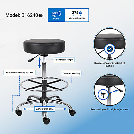 Lorell Backless Pneumatic-Lift Stool - Vinyl Seat - 5-star Base - Black - 1 Each