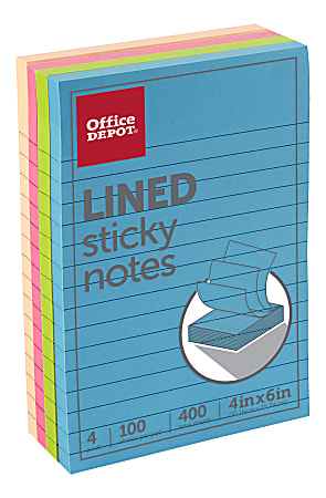 Office Depot® Brand Lined Sticky Notes, 4" x 6", Assorted Neon Colors, 100 Sheets Per Pad, Pack Of 4 Pads