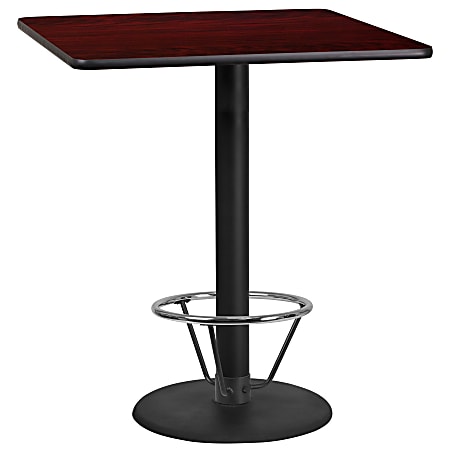 Flash Furniture Square Laminate Table Top With Round Bar Height Table Base And Foot Ring, 43-3/16”H x 36”W x 36”D, Mahogany