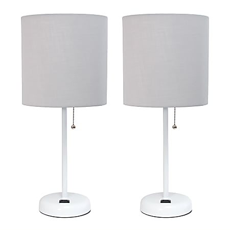 LimeLights Stick Lamp with Charging Outlet and Fabric Shade, 19-1/2"H, Gray Shade/White Base, Set Of 2 Lamps