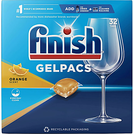 Finish Dishwasher Gel Packs - For Dish, Glass - 1.30 oz (0.08 lb) - Orange Scent - 32 / Box - Pre-moistened - Orange
