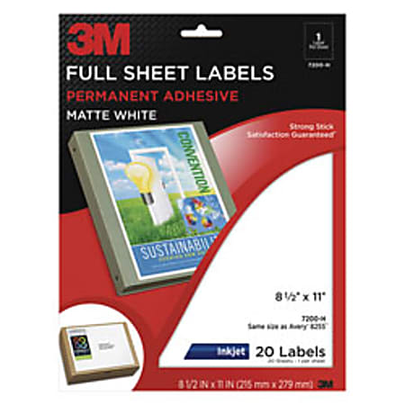 3M™ White Inkjet Shipping Labels For Color Printing, 8 1/2" x 11", Pack Of 20
