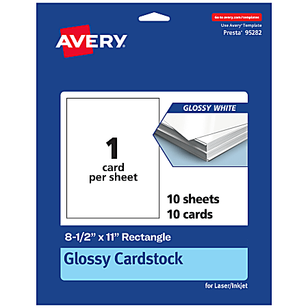 Avery® Printable Cards, 95282-GWC10, Rectangle, 8.5" x 11", Glossy White, Pack Of 10