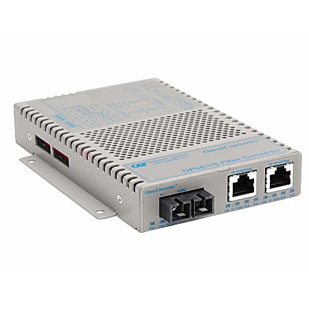 Omnitron OmniConverter 10/100/1000 PoE+ Gigabit Ethernet Fiber Media Converter Switch RJ45 SC Single-Mode 12km - 2 x 10/100/1000BASE-T, 1 x 1000BASE-LX, US AC Powered, Lifetime Warranty