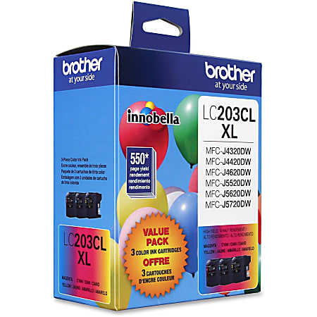 Brother® LC203 High-Yield Cyan, Magenta, Yellow Ink Cartridges, Pack Of 3, LC2033PKS