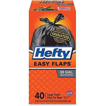 Hefty Easy Flaps 30-gallon Large Trash Bags - Large Size - 30 gal Capacity - 30" Width x 33" Length - 0.85 mil (22 Micron) Thickness - Drawstring Closure - Black - 6/Carton - 40 Per Box - Can - Recycled