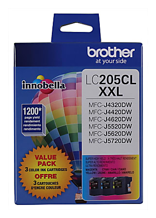 Brother® LC205 Extra-High-Yield Cyan, Magenta, Yellow Ink Cartridges, Pack Of 3, LC2053PKS