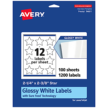 Avery® Glossy Permanent Labels With Sure Feed®, 94611-WGP100, Star, 2-1/4" x 2-3/8", White, Pack Of 1,200