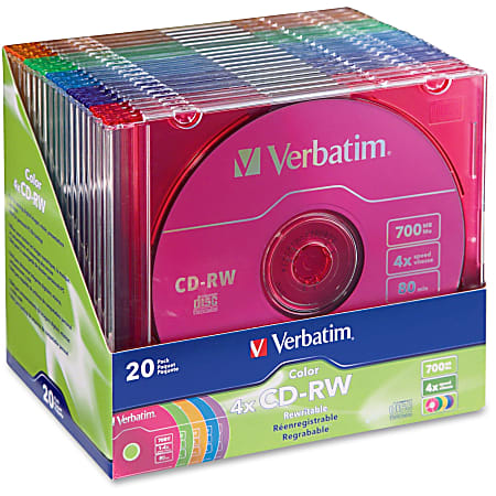 Verbatim® CD-RW Disc Spindle, Assorted Colors, Pack Of 20