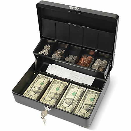 CARL Bill Slots Steel Security Cash Box - 4 Bill - 5 Coin - Steel - Black - 3.5" Height x 10" Width x 7" Depth