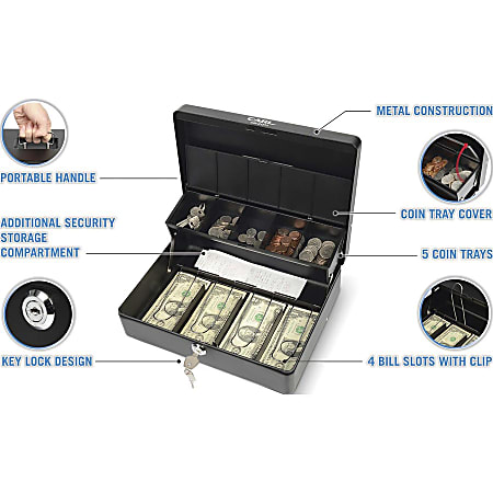 CARL Bill Slots Steel Security Cash Box - 4 Bill - 5 Coin - Steel - Black - 3.5 CARL Bill Slots Steel Security Cash Box - 4 Bill - 5 Coin - Steel - Black - 3.5