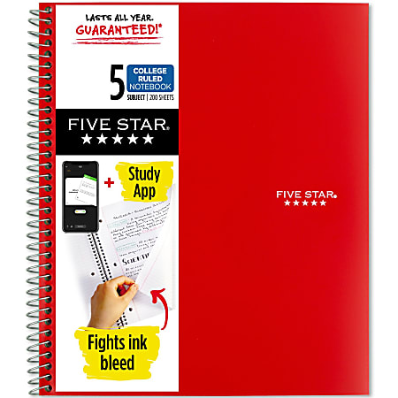 Five Star® Wirebound Notebook Plus Study App, 8-1/2" x 11", 5 Subject, College Ruled, 200 Sheets, Red