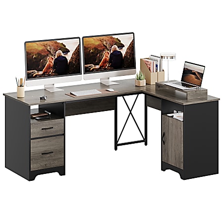 Bestier 63"W L-Shaped Corner Computer Desk With Monitor Stand &amp; Open Storage, Gray