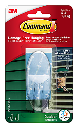 Command Window Hook, With All-Weather Strips, Large, 3 1/2"H x 1 1/2"W x 1"D, Clear