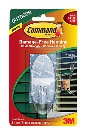 3M™ Command™ Window Hook, With All-Weather Strips, Large, 3 1/2"H x 1 1/2"W x 1"D, Clear