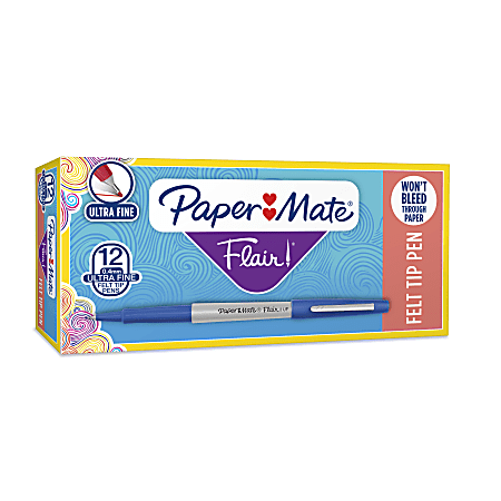 Paper Mate® Flair® Porous-Point Pens, Ultra Fine Point, 0.3 mm, Blue Barrel, Blue Ink, Pack Of 12