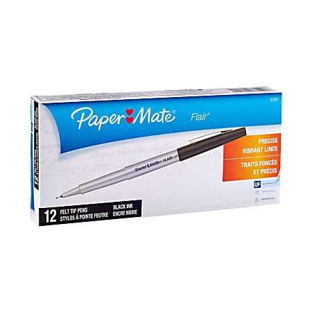 Paper Mate® Flair® Porous-Point Pens, Ultra Fine Point, 0.4 mm, Black Barrel, Black Ink, Pack Of 12