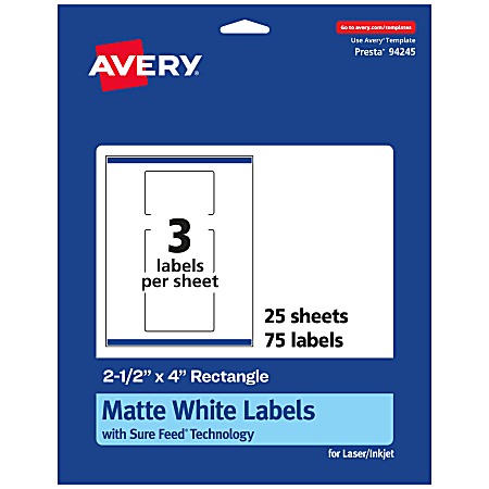 Avery® Permanent Labels With Sure Feed®, 94245-WMP25, Rectangle, 2-1/2" x 4", White, Pack Of 75