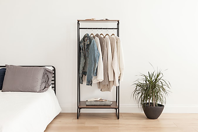 Iris Garment Rack W2 Wooden Shelves, Black Garment Rack