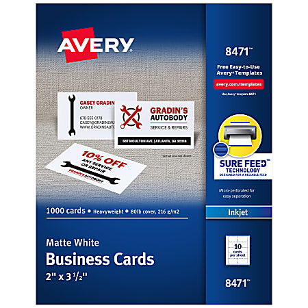Avery® Printable Business Cards With Sure Feed® Technology For Inkjet Printers, 2" x 3.5", White, 1,000 Blank Cards