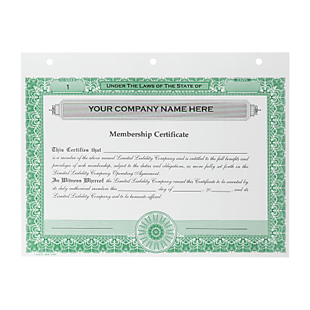 Custom LLC Membership Certificates 3 Hole Punched 8 12 x 11 Green Pack